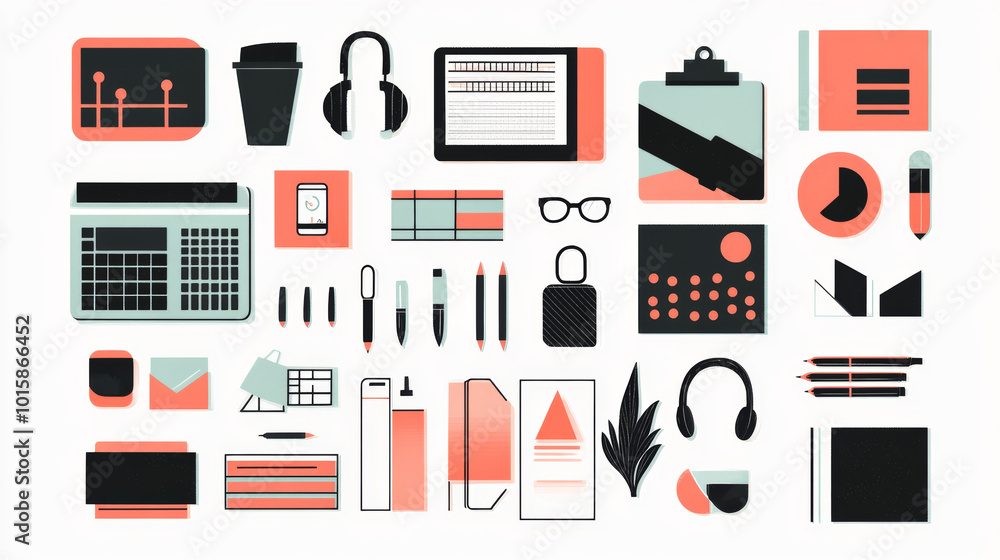 Poster this set of illustrations shows different elements related to business meetings and conferences. it 