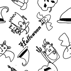 hand drawn Halloween cartoon, set of Halloween doodle icon from hand drawing style of black line on white background ghost, bat