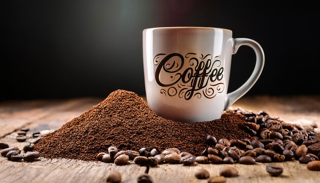 A coffee mug with a motivational quote printed on it. Place the mug amidst a mound of grinded coffee beans, with a few beans scattered in an artistic manner