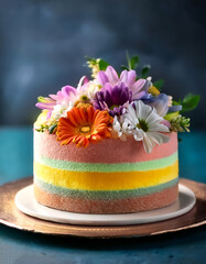 beautifully decorated cake, using edible flowers and brightly colored layers, on an elegant plate