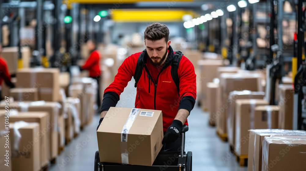 Poster a modern logistics center, where a worker pushes a trolley filled with cardboard boxes through aisle
