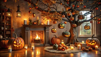 Obraz premium A rustic tree, adorned with glowing pumpkins and lanterns, stands at the center of a cozy living room, where a roaring fireplace casts a warm glow, creating a perfect Halloween atmosphere.