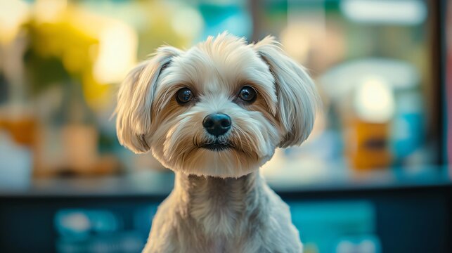 Portrait of a cute morkie dog posing indoors