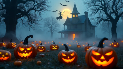 Halloween pumpkins in front of a haunted house with a full moon behind them