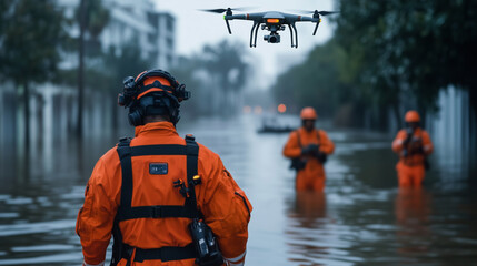 Fototapeta na wymiar Search and rescue teams in orange safety gear guide people through floodwaters, as a drone hovers above assessing the extent of hurricane damage in the city.