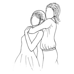 drawing of two young women one of whom hugs the other from behind both turned to the camera, portrait without a face - hand drawn sketch