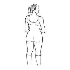 drawing a curvy woman with an athletic build in a sports bodysuit stands with her back - hand drawn sketch
