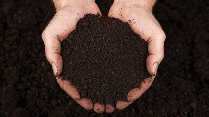 Farmer’s hands holding dark, fertile soil in the middle of a farm