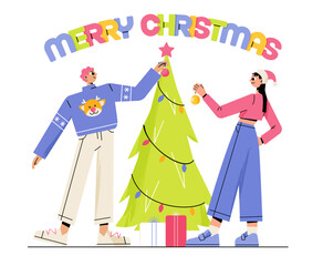 Lettering Merry Christmas with people decorating the Christmas tree