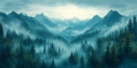 Obraz premium Stylized illustration of a serene mountain landscape enveloped in fog, featuring soft pastel colors