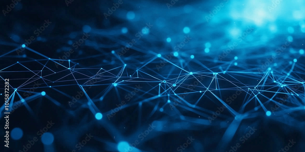 Poster a vast digital web of interconnected nodes glowing in vibrant blue, representing data transfer and s