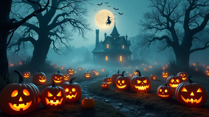 Halloween pumpkins in front of a haunted house with a full moon behind them