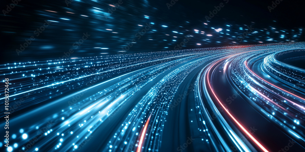 Poster a futuristic view of a data highway with glowing nodes linked by bright digital lines, representing 