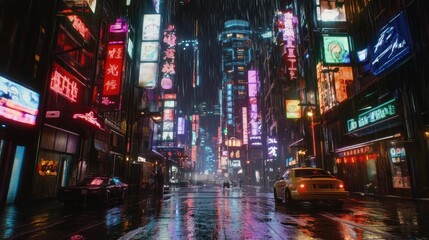 Obraz premium Neon Cityscape Under Rain