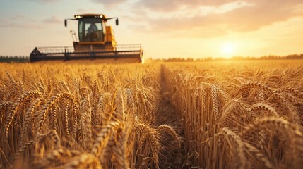 Fototapeta premium Golden wheat fields at sunset with a combine harvester in the distance