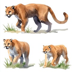 Cougar Watercolor Trio: Animal Clipart Bundle on White Background