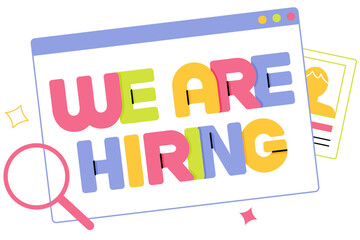 Lettering We Are Hiring with magnifier and resume text