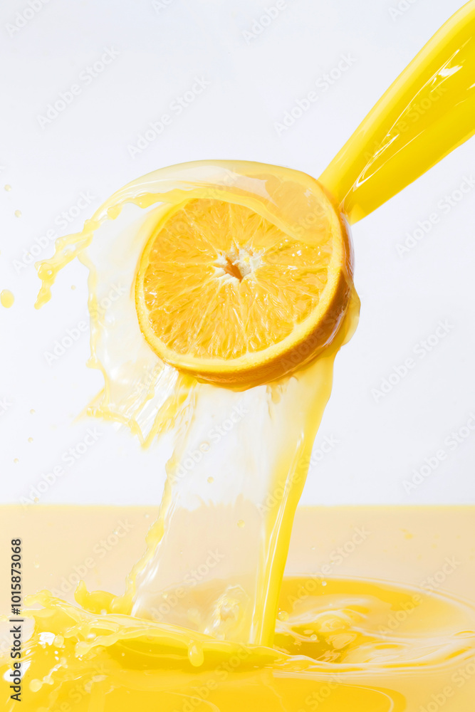 Poster a fresh orange slice splashing into a pool of orange juice, creating a burst of vibrant color and a 