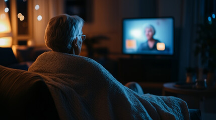 A senior woman curled up on a couch, wrapped in a blanket, with a blank stare at the television screen, highlighting her feelings of loneliness in a cluttered living room.