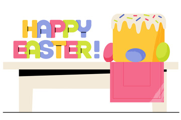Fototapeta premium Lettering Happy Easter with Easter bread and eggs