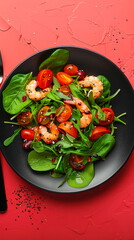 Fresh Shrimp and Cherry Tomato Salad on Black Plate with Spinach and Arugula Leaves Against Vibrant Red Background
