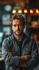 Fototapeta premium Focused Male Programmer in Casual Office Environment with Ambient Lighting and Technological Devices, Working Late Evening, Reflecting Contemporary Workspace