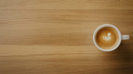 Obraz premium A plain white ceramic cup filled with steaming coffee is set on a smooth wooden table, surrounded by soft highlights and a gentle aroma that enhances the cozy atmosphere