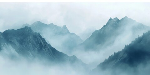 Stylized illustration of a serene mountain landscape enveloped in fog, featuring soft pastel colors