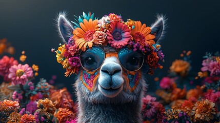 Festive llama with floral crown and face paint, ideal for promoting Day of the Dead celebrations, decorations, and cultural events.