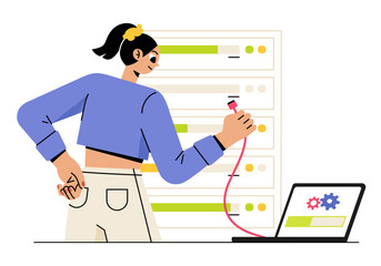 Woman connects a laptop to the server