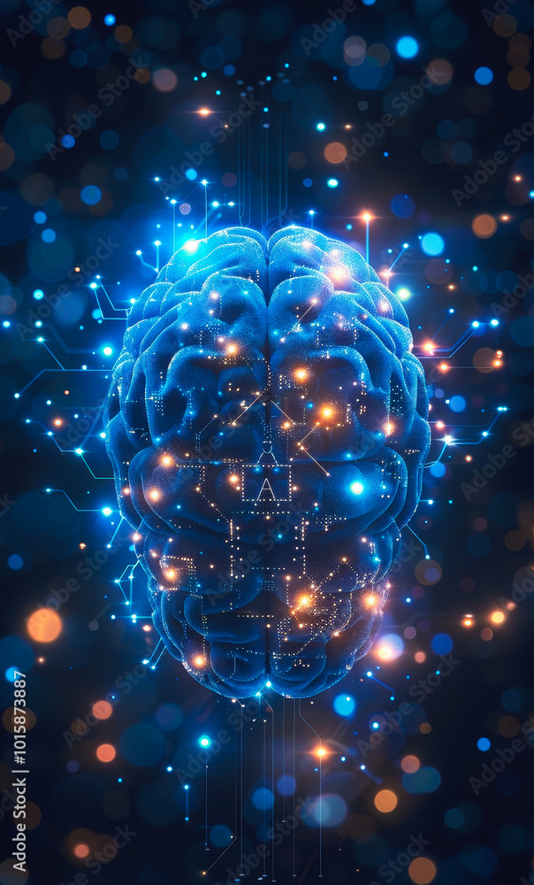 Aufkleber digital brain with blue neural connections and glowing dots depicting artificial intelligence concep