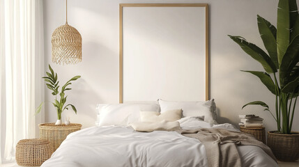 Rustic Living Room with White Couch and Empty Frame, Mockup poster in modern living room interior background. mockup frame in nomadic boho interior.