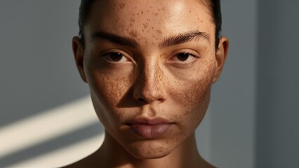 Fototapeta premium Close-up portrait of woman with freckles in natural light