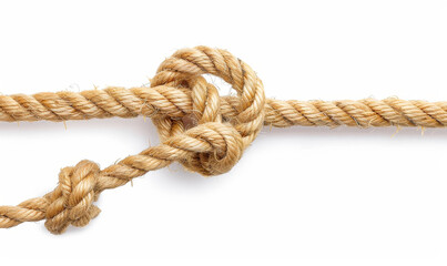 Fototapeta premium Close-Up of Roped Knot on White Background - Isolated Practical Nautical Marine Line - Detailed Twine Knotted Illustration for Tying Techniques, Boating, Camping, and Survival Skills