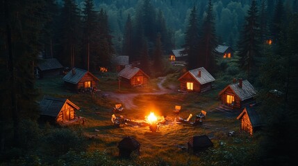 Cozy wooden cabins arranged in a perfect circle around a bonfire in a serene forest clearing, with warm orange and red hues glowing from the flames