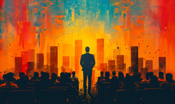 Dynamic Business Conference with Motivational Speaker in Front of Enthusiastic Audience During Vibrant Evening Training Session about Urban Leadership and Personal Development