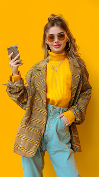 Fashionable young woman in stylish plaid jacket with phone pointing and smiling against vibrant yellow background, highlighting modern fashion, casual chic style, and confident communication concept