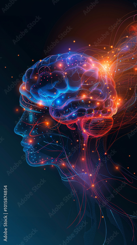 Poster digital human brain illustration with colorful lines representing artificial intelligence, technolog