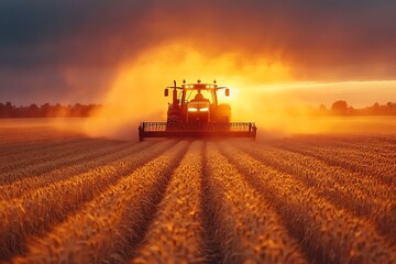 Fototapeta premium Tractor working on the rice fields barley farm at sunset time,