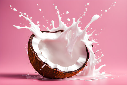 illustration of Coconut and liquid splashing on the pink background.