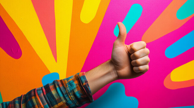  A thumbs up arm on a very bright colorful splash background