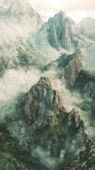 vertical  illustration of a serene mountain landscape enveloped in fog, featuring soft pastel colors