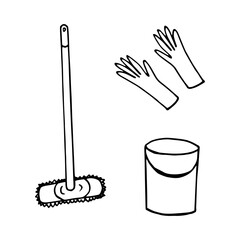 cleaning set hand drawn in doodle style. mop, bucket,gloves. minimalism, monochrome, scandinavian, linear