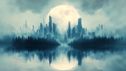Fototapeta premium A futuristic city skyline emerges from a misty lake with a full moon overhead.
