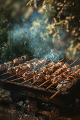 Fototapeta premium Barbecue skewers on a grill, smoke rising, surrounded by nature, greenery in the background, outdoor cooking, warm lighting, food photography, summer vibes, delicious