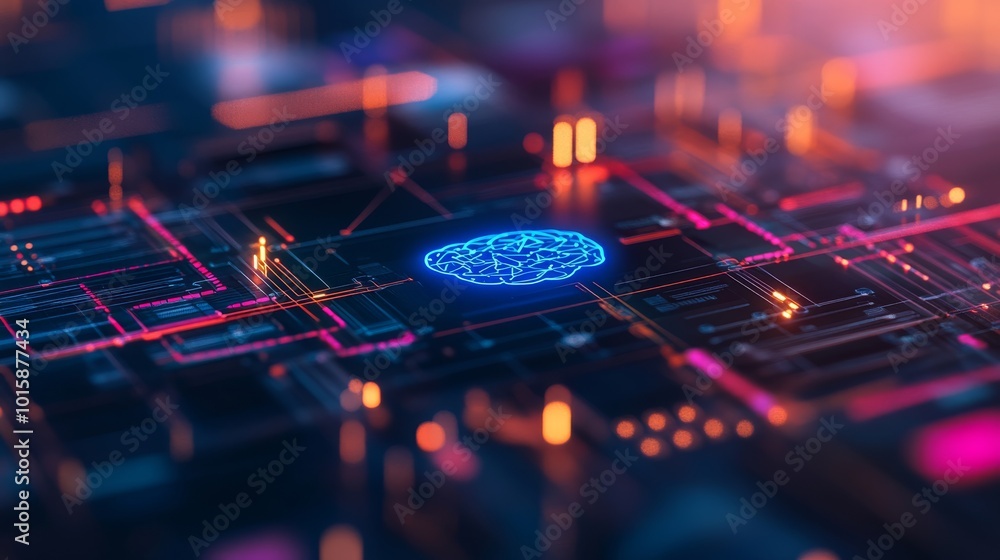 Aufkleber a vibrant blue ai brain icon is surrounded by interconnected geometric lines and symbols, set agains