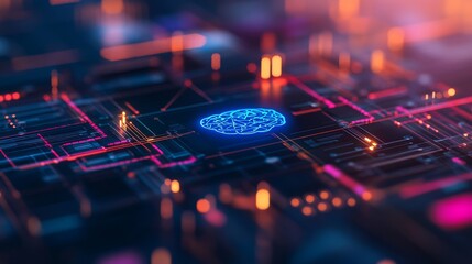 A vibrant blue AI brain icon is surrounded by interconnected geometric lines and symbols, set against a gradient background that emphasizes technological advancements in artificial intelligence