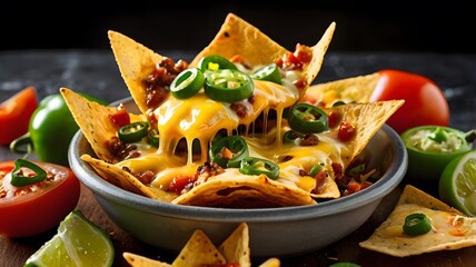 tasty cheesy crispy nachos with yellow cheese cream, sliced jalapeno & tomatoes. yummy tortilla chips snack or party appetizer totopo Mexican dish