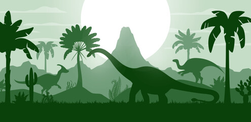 Prehistoric dinosaur silhouettes at Jurassic forest landscape with sunset, vector background. Dino world with cartoon giant lizards and prehistoric reptiles silhouette for paleontology atlas or museum © Vector Tradition