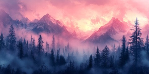 Obraz premium Stylized illustration of a serene mountain landscape enveloped in fog, featuring soft pastel colors